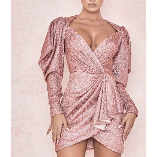 Spring New Celebrity Evening Party Sexy V Neck Pink Dress Long Sleeve Autumn Elegant Runway Nightclub Vestidos Dropshipping