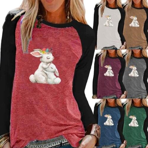 Spring/Autumn Fashion Ladies Casual Long-sleeved Clothing Round Neck WomensLoose Rabbits Print Color Block T-shirt Oversized