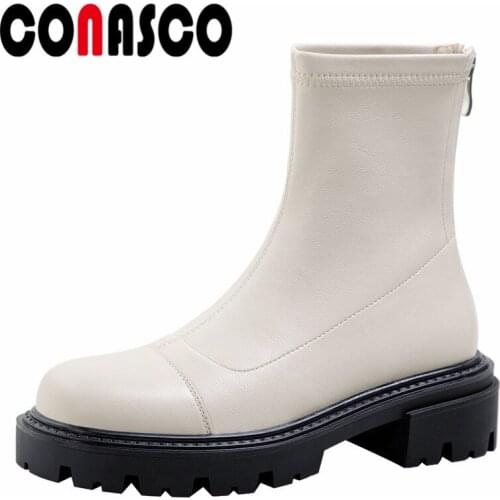 CONASCO New Punk Women Ankle Boots Autumn Winter Warm Genuine Leather Causal Prom Office Lady Concise Punk Shoes Woman