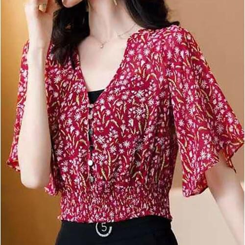Women Spring Summer Style Chiffon Blouses Shirts Lady Casual Short Flare Sleeve V-Neck Flower Printed Blusas Tops ZZ0714