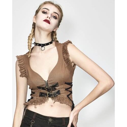 Devil Fashion Gothic Sexy Vest Women Brown Short V Neck Waistcoat Cross Ties Sleeveless Jacket WT029