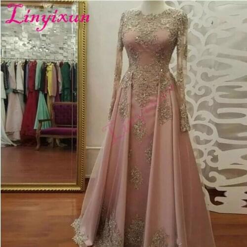 Long Sleeve Prom Dresses for Women Wear Lace Appliques vestidos de fiesta Abiye Dubai Caftan Muslim Evening Party Gowns 2018