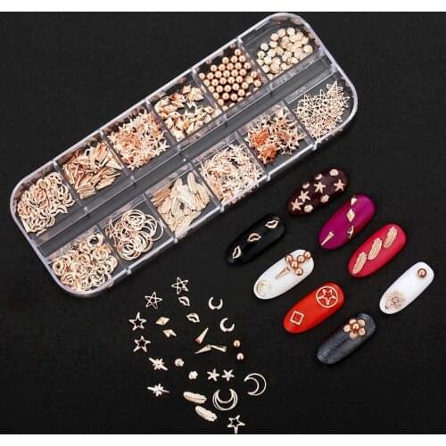 12 Style Punk Metallic 3D Moon Starfish Nail Art Decorations Studs DIY Manicure
