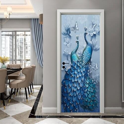 3D Relief Peacock Door Stickers PVC Self Adhesive Waterproof Wall Sticker Kitchen Bedroom Furniture DIY Wallpaper Home Design