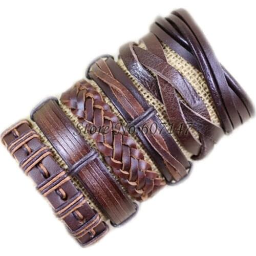 6pcs Fashion Jewelry handmade Wrap Charm Genuine brown Leather Bracelet for Men women unisex brand male bracelet masculino-S124