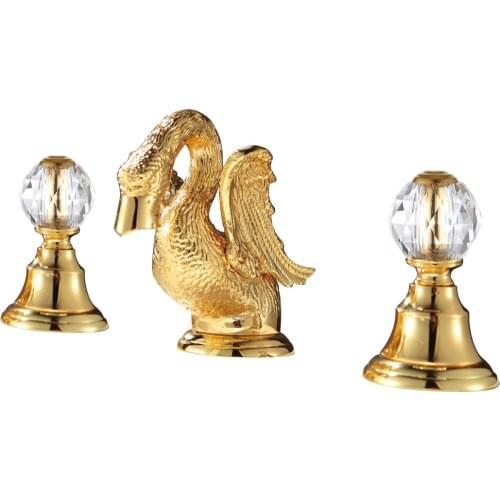 Free shipping gold finish 3 Pcs ROMAN lavatory sink faucet with crystal handles widespread cute little swan