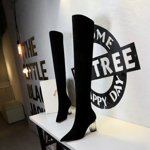 BIGTREE Flock Women Boots Sexy Over The Knee High Women Fashion Winter Warm Pointed Toe Black Boots Shoes Woman Pumps 1718-13
