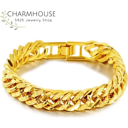Charmhouse Pure Gold Color Bracelets For Man Women 12mm Link Chain Bracelet & Bangle Pulseira Wristband Trendy Jewelry Accessory