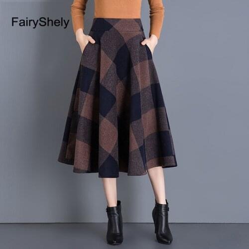 FairyShely 2020 Autumn Winter High Waist Umbrella Knee Skirt Women Casual Pocket Woolen Grid Skirt female Flare Plaid Long skirt