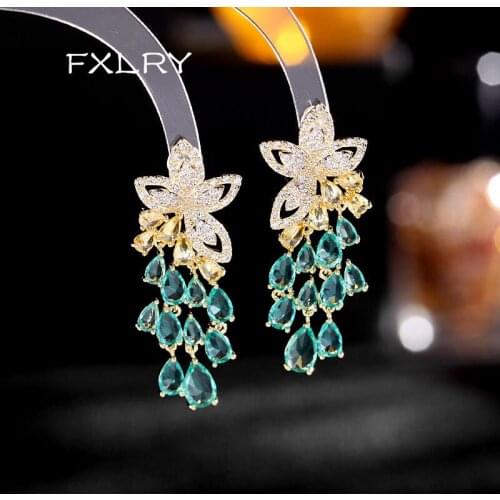 FXLRY High Quality Symmetrical Leaf Shape Tassel Water Drop Yellow And Green CZ Dangle Earrings for Women Party Jewelry