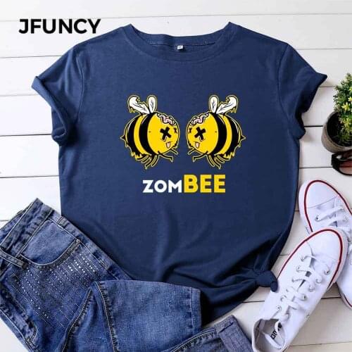 JFUNCY Plus Size Womens T-shirts 100% Cotton O-Neck Short Sleeve Women Summer Tops Cartoon Bee Print Casual T Shirt Female Tees