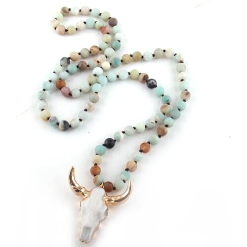 Fashion Bohemian Jewelry Amazonite Stone Knotted Horn Pendant Necklace For Women Beaded Necklace