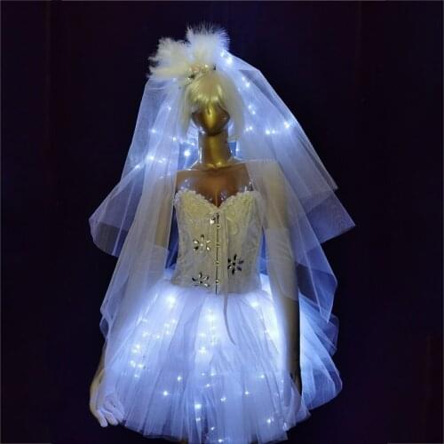 New White Luminous Ballet Skirt Stage Performance Party Wedding Dresses Gogo Dance Team Ds Clothing Rave Outfits Wear XS2037