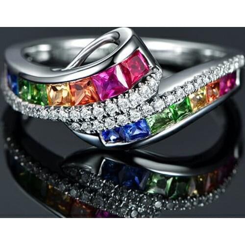 2020 New Trendy Square Rainbow Zircon Rings For Women Silver Color Female Jewelry Birthstone Party Gifts
