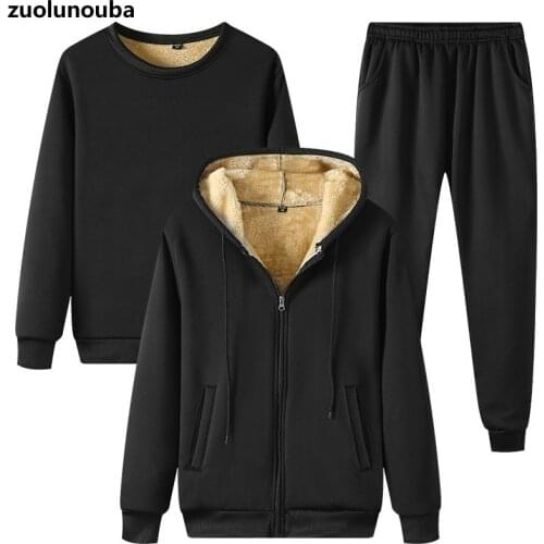 2020 Autumn And Winter New Lamb Wool Man Three-piece Suit Plus Velvet Thick Solid Color Casual Round Neck Zipper Boys Hoodie