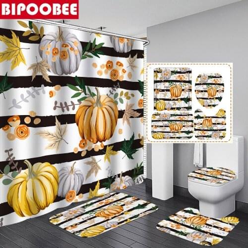Fall Stripe Pumpkin Printing Shower Curtain Autumn Farmhouse Harvest Pattern Bathroom Curtains Bath Mats Anti-slip Rugs