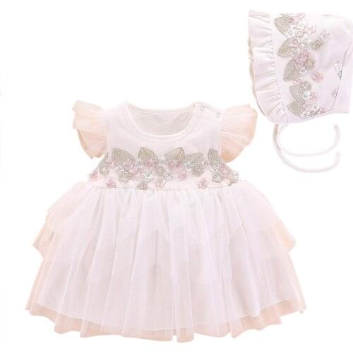 Toddler Girls White Baptism Princess Dress Newborn Ruffles Lace Flower Girl Christening Gown+Hat 1st Birthday Dresses for Baby
