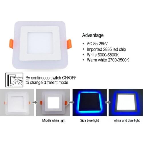 6W 9W 18W 24W led Ceiling Recessed panel Light Painel lamp home decoration round square Led Panel Downlight Blue+White 2 colors