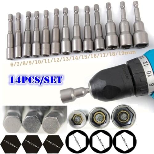 Professional Metric Socket 1/4" Hex Drill Bits Adapter 14PCS of 6~19mm Socket Sleeve Magnetic Nut Driver Set Power Tools Kit