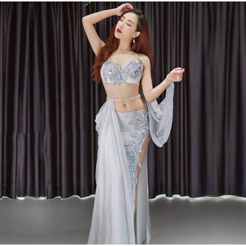 Luxury Girls Belly Dance Costumes sleeveless Bra+diamond long Skirt 2pcs Belly Dance Suit Women Ballroom Dance Set Dance Dress