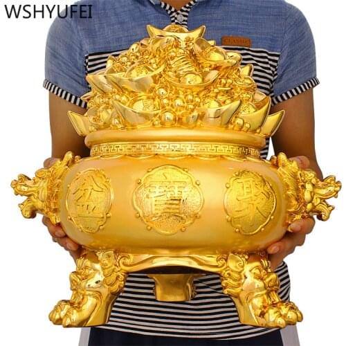 Chinese Style Lucky Golden Treasure Bowl Resin Statue Living Room Entrance Home Decore Ornanents Birthday Present Decorations
