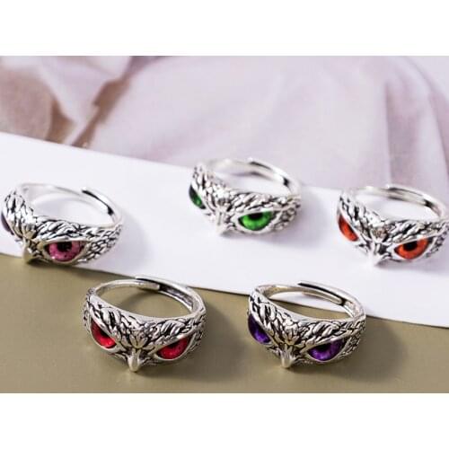 Vintage Charming Fashion Cute Little Owl Lovers Ring Creative Jewelry Multicolor Eyes for Women Man Couples Best Feeling Gift