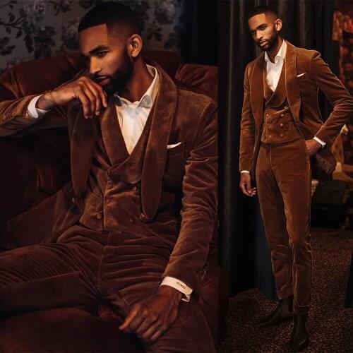 Vintage Men Tuxudos Velvet Shawl Lapel Double Breasted Retro Custom Made 3 Pieces Set(Jacket +Vest + Pants) Party Prom Formal