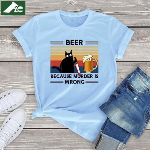 Funny Black coffee Cat cotton t shirt Murder Is Wrong graphic women Shirts fashion girl tops casual blouse women clothing summer