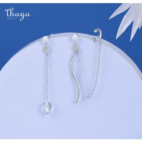 Thaya Fashion Jewelry For Women Fish Fin Earring Stud With Ear Clip Chain Silver Color Crystal Piercing Earring 2020 Trend Gift