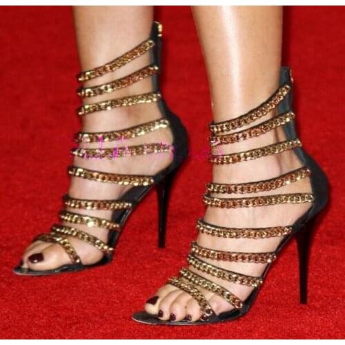Hot Selling Women Fashion Design Open Toe Gold Chains Straps High Heel Sandals Cut-out Thin Heel Sandals Dress Shoes