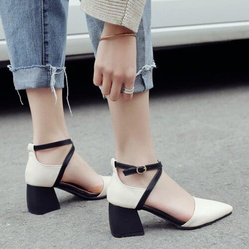 YMECHIC 2019 Spring Summer Block Heel Shoes Female Black Beige Apricot Pointed Toe Cross Strap High Heels Pumps Plus Size Sandal