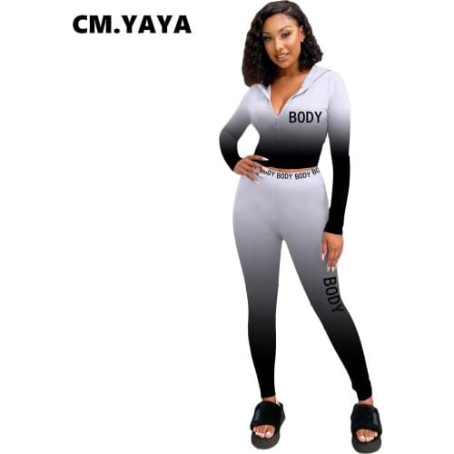 CM.YAYA Women Set Gradient Color Zipoper Hooded Collar Crop Tops Stretchy Pencil Pants Two 2 Piece Sets Tracksuit Fall Outfits