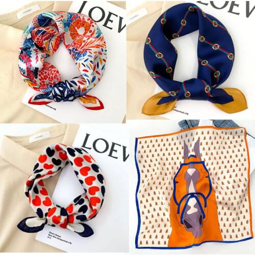 100% Pure Silk Scarf Women Neck Hair Band Foulard Square Small Headband 2020 Fashion Print Neckerchief Scarves Bandana 53*53cm