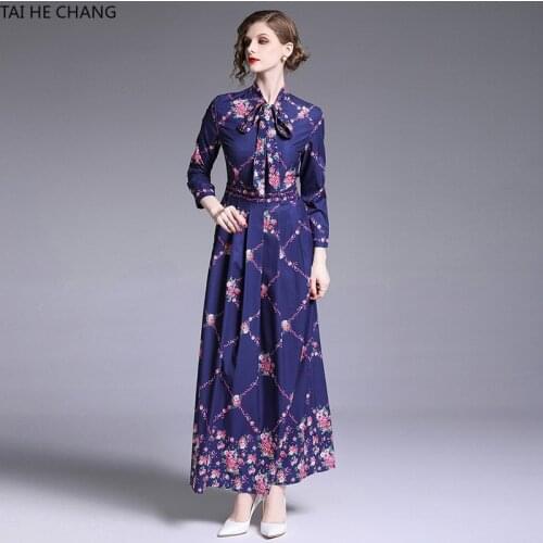 Women Dress Summer Spring Elegant Slim Bodycon Vintage A-line Party Runway Formal Print Long Maxi Shirt Office Work Dresses