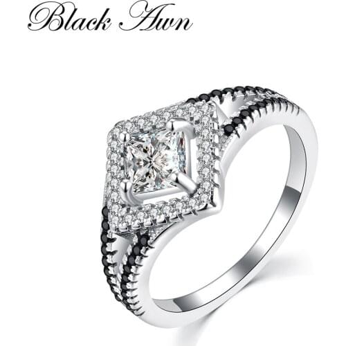 BLACK AWN 2020 New Genuine 100% 925 Sterling Silver Engagement Rings for Women Jewelry Black&White Stone Bague Femme Ring C225