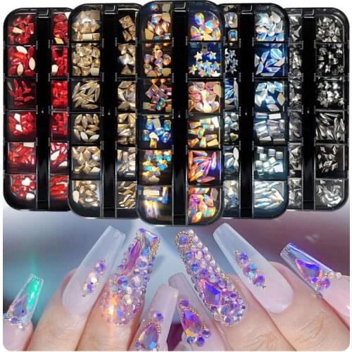 12 Grid Box Nail Art Rhinestone Jewelry Flat Diamond Stained Glass Shaped Long Water Drop Rhinestone Nail Decoration Accessories
