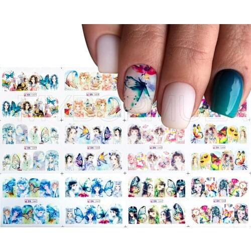 12pcs Girl Pattern watermark slider nail stickers water transfer flower butterfly decoration tattoo Newest autumn design 2020