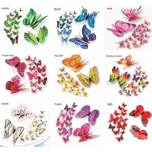 12Pcs Mixed Color Double Layer 3D Butterfly Wall Sticker Wall Home Decor Butterflies Decoration Magnet Fridge Sticker