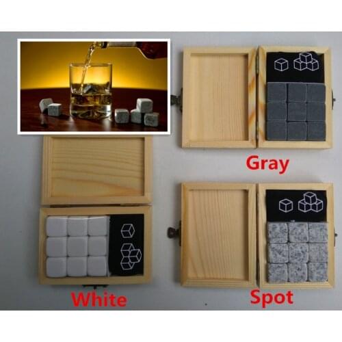 3 colors 9pcs/set Whiskey Stones with wooden box+velvet bag whisky whiskey rocks stones cube stone wooden box free shipping