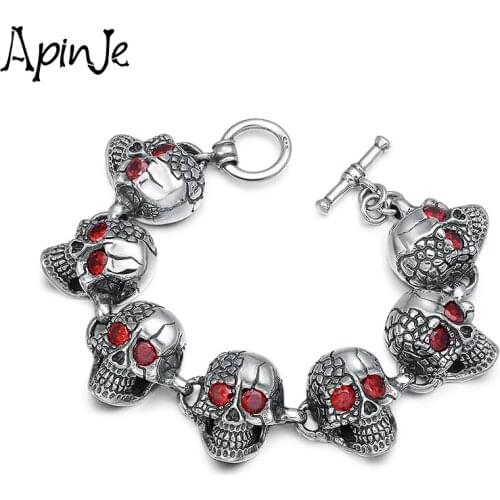 Apinje 925 Sterling Silver Punk Skull Bracelet Men Zircon Skull Charm Hip Hop Jewelry