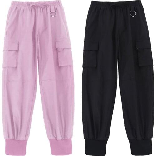 Summer Fashion Cargo Pants For Teenage Girls Sport Pants Kids Trousers Elastic Waist Pure Color Overalls Style Casual Long Pants