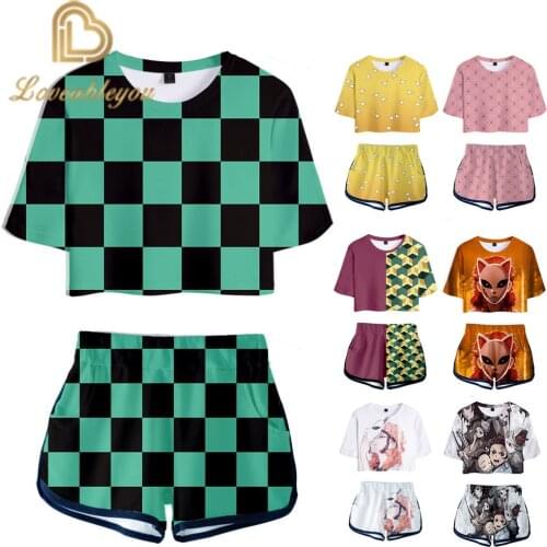 Coshome Anime Demon Slayer Kimetsu no Yaiba Cosplay Tanjiro Kamado T-shirt Men Women Costume Tops Shorts Nezuko Summer Dress