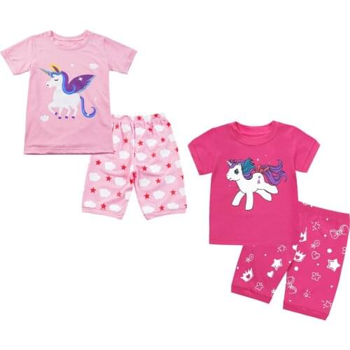 Kids Girls Summer Sleepwear Suit Cotton Short Sleeves T-shirt And Shorts 2Pcs Sets Baby Girls Cute Cartoon Pajamas Night Wear