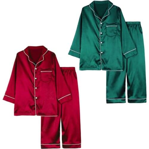 Spring Autumn Children Boys Girls Long Sleeve Silk Pajamas Set Christmas Color Silk Pajamas 3-10T