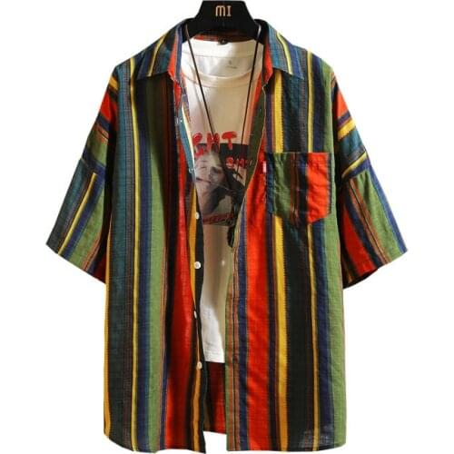 Stripe Bohemian Hawaiian Shirt Men 5XL Japanese Cotton Short Sleeve Beach Casual Shirts Summer Fashion Hip Hop Blouses Male 2020
