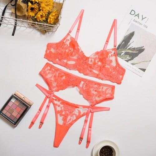 3 Pcs Lingerie Set Women See Through Bra and Panties Underwear Floral Embroidery Langerie Babydoll with Garter Belt Under Panty