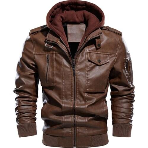 Hooded PU Leather Jacket Mens Motocycle Jacket Male Fashion Winter Jacket Outwear Coats Faux Leather Windbreaker Jackets