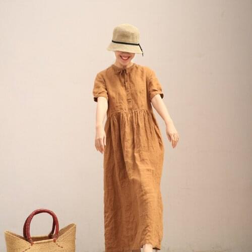 Summer round neck lace up short sleeve yellow pure linen loose long high waist dress with earthy fragrance 2021020