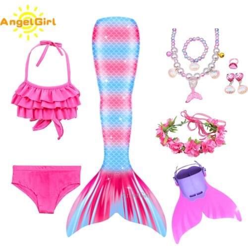AngelGirl Summer Girls Beach Swimsuit Outfit Mermaid Tail Princess Dress Cosplay Costume With Monofin Child Kids Fantasy Bikini