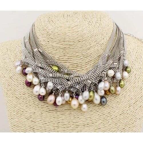 Mix Color Drop Pearl Stone Metal Chain Handmade 7 Beads Pendant Necklace 17-19"